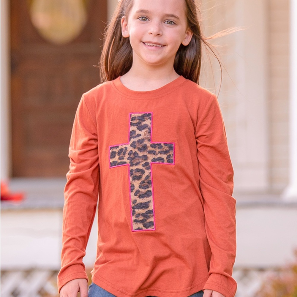 Southern Grace Girls Orange Long Sleeve with Leopard Cross Patch